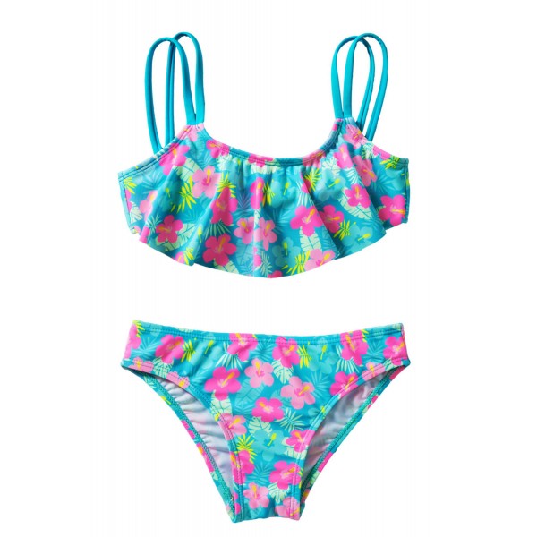 Girls' Ruffle Flower Print Two Piece Swimsuit Set