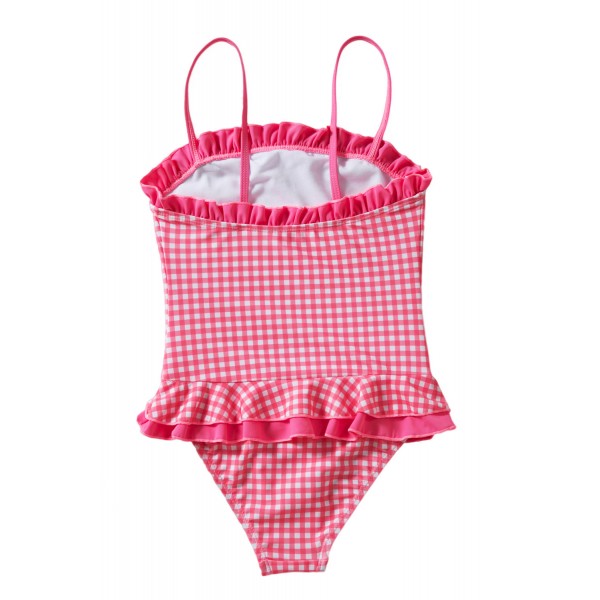 Ruffle Trim Red Plaid Little Girls Swimsuit