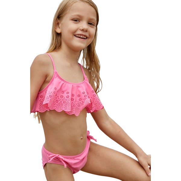 Pink Hollow-out Ruffles Overlay Girls Bikini Set