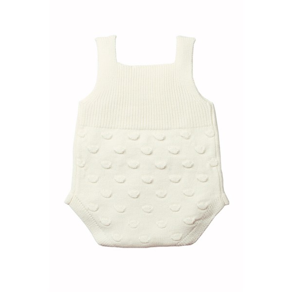White Ribbed Spotted Cotton Knit Sleeveless Baby Romper