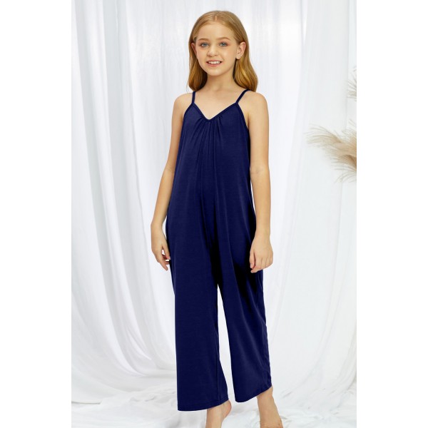 Blue Spaghetti Strap Wide Leg Girl Jumpsuit with Pocket