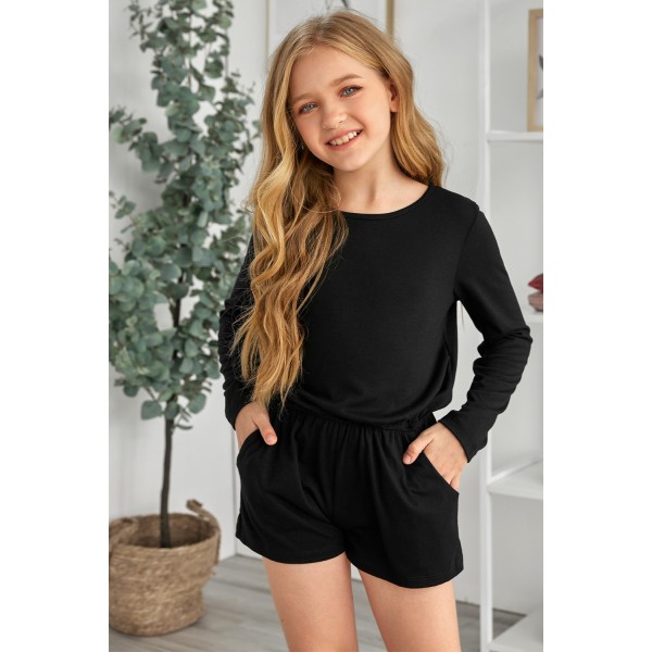 Black Solid Color Long Sleeve Elastic Waist Pocket Girls Romper