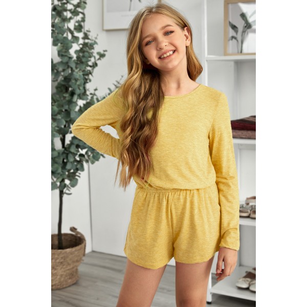 Yellow Solid Color Long Sleeve Elastic Waist Pocket Girls Romper