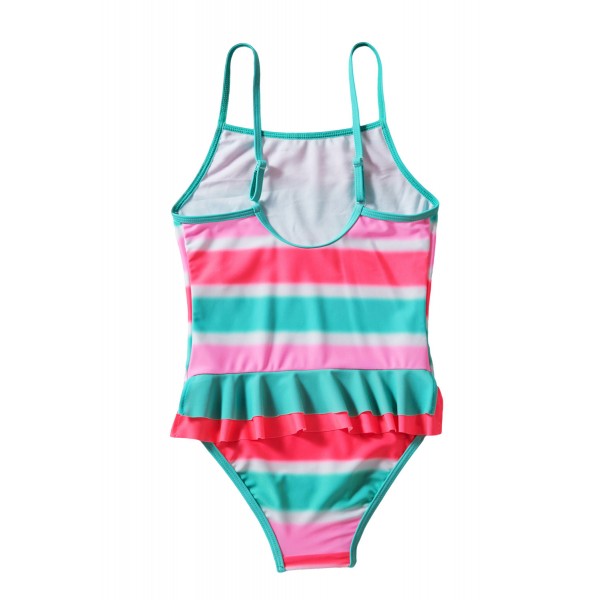 Neon Multicolor Striped Ruffle Trim Girls Teddy Swimsuit