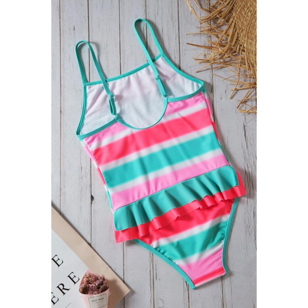 Neon Multicolor Striped Ruffle Trim Girls Teddy Swimsuit