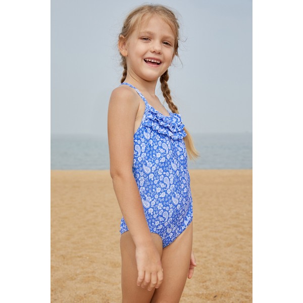 Blue White Paisley Print Little Girl Maillot with Ruffle