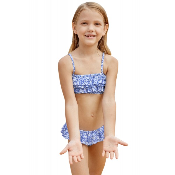 Blue White Paisley Print Little Girl Bikini with Ruffle