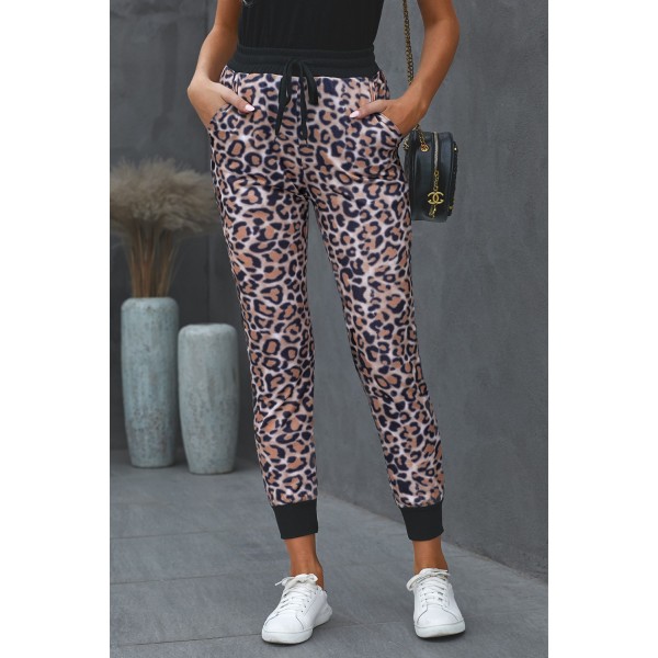 Brown Leopard Cotton Pocketed Joggers