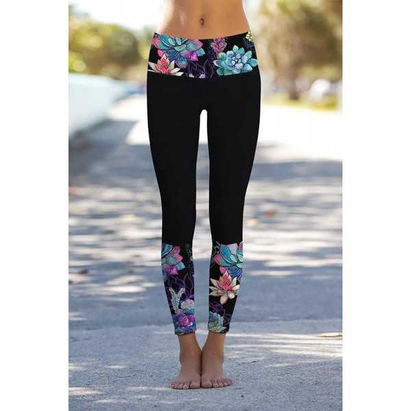 Black Floral Printed Details Leggings Yoga Pants