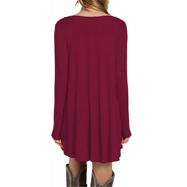 Burgundy Long Sleeve Pocket Casual Loose T-shirt Dress