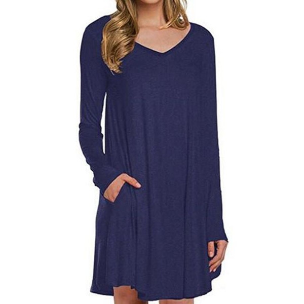 Blue Long Sleeve Pocket Casual Loose T-shirt Dress