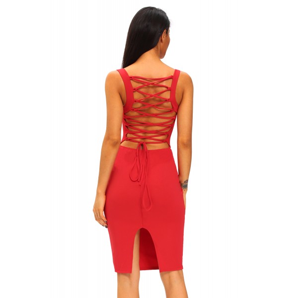 Red Corset-Style Back Lace Up Dress
