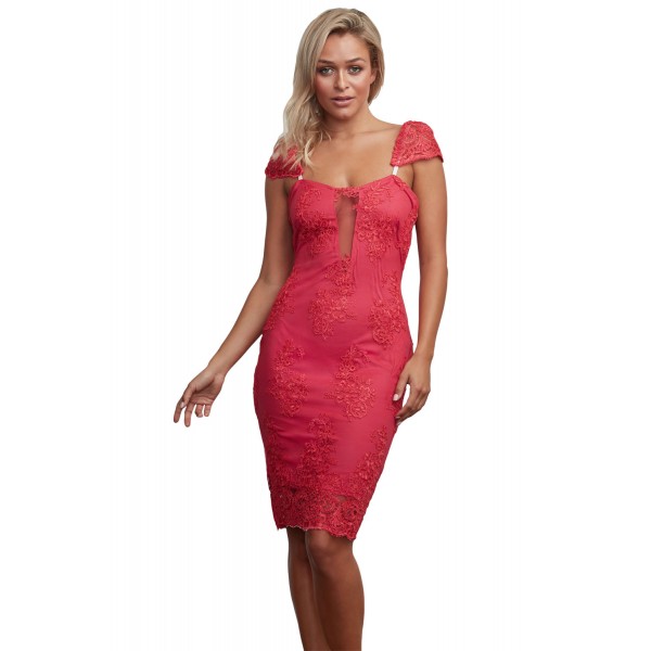 Pink Embroidered Cap Sleeves Bodycon Party Dress