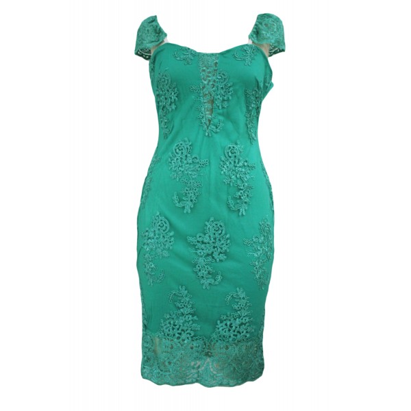 Green Embroidered Cap Sleeves Bodycon Party Dress