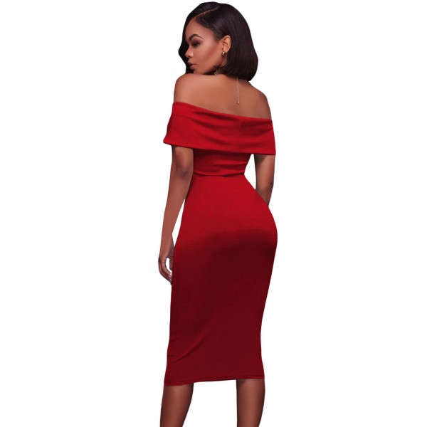 Red Ruched Off Shoulder Bodycon Midi Dress