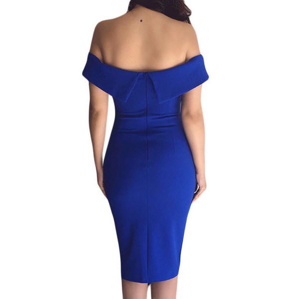 Blue Off Shoulder Side Slit Bodycon Dress