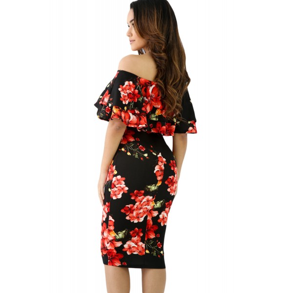 Black Red Floral Layered Ruffle Off Shoulder Midi Dress