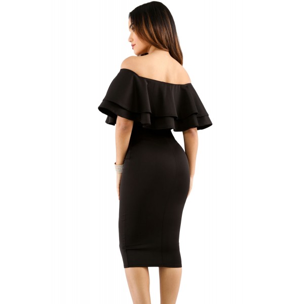 Black Layered Ruffle Off Shoulder Midi Dress