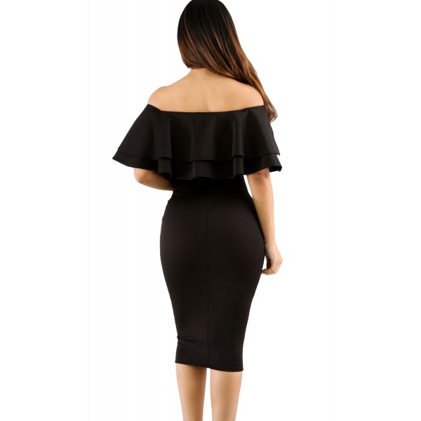 Black Layered Ruffle Off Shoulder Midi Dress