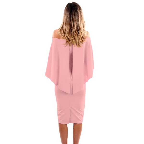 Pink Luxurious Off Shoulder Batwing Cape Midi Poncho Dress