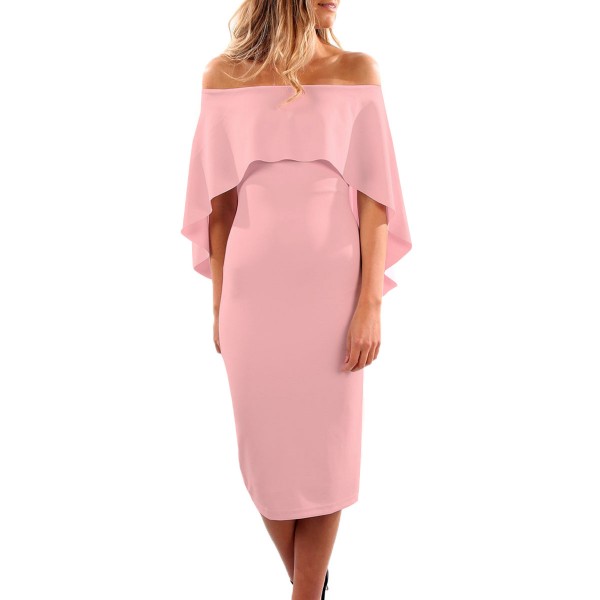 Pink Luxurious Off Shoulder Batwing Cape Midi Poncho Dress