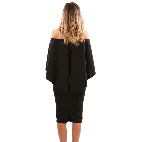 Black Luxurious Off Shoulder Batwing Cape Midi Poncho Dress