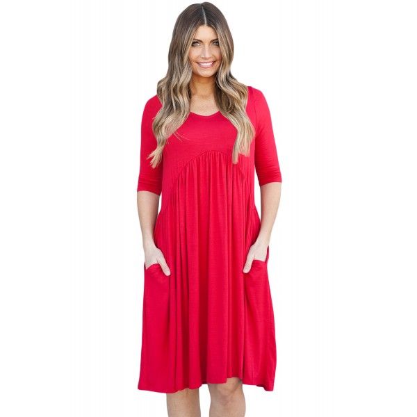 Red 3/4 Sleeve Draped Swing Dress