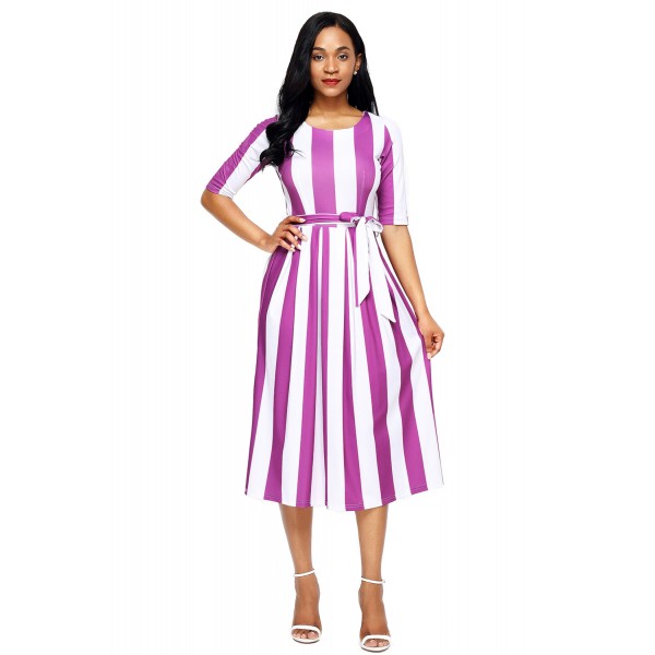 Purple Stripe Print Half Sleeve Belted Dress