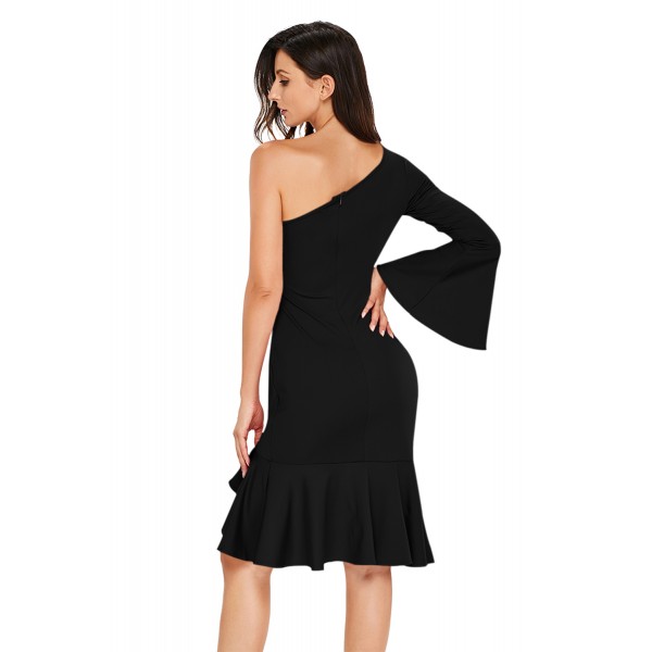 Black Twist and Ruffle Accent One Shoulder Prom Dress