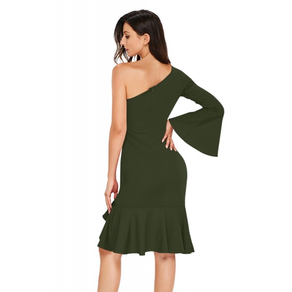 Green Twist and Ruffle Accent One Shoulder Prom Dress