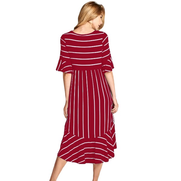 Burgundy White Striped Bell Sleeve Hi-low Midi Dress