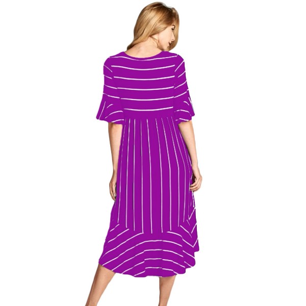 Purple White Striped Bell Sleeve Hi-low Midi Dress