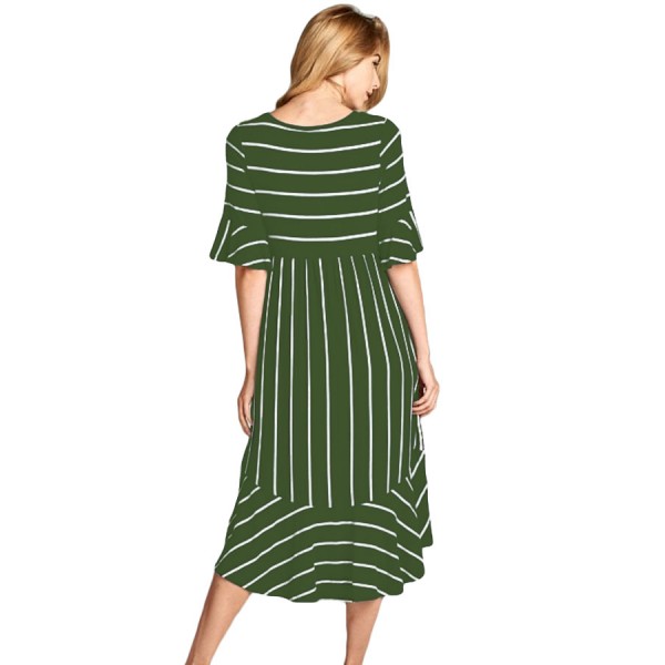 Green White Striped Bell Sleeve Hi-low Midi Dress