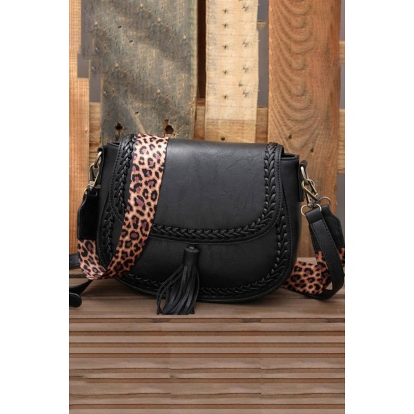 Leopard Belt Tassel Braided PU Leather Crossbody Bag 25*7*19cm