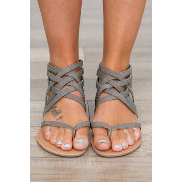 Gray Cross-Tied Zipper Flat Sandals