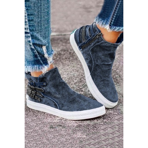 Blue Slip-On Design With Side Zipper Closure Sneakers