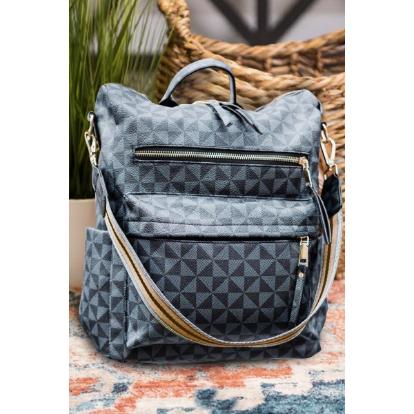 Blue Geometric Print Zipper Backpack