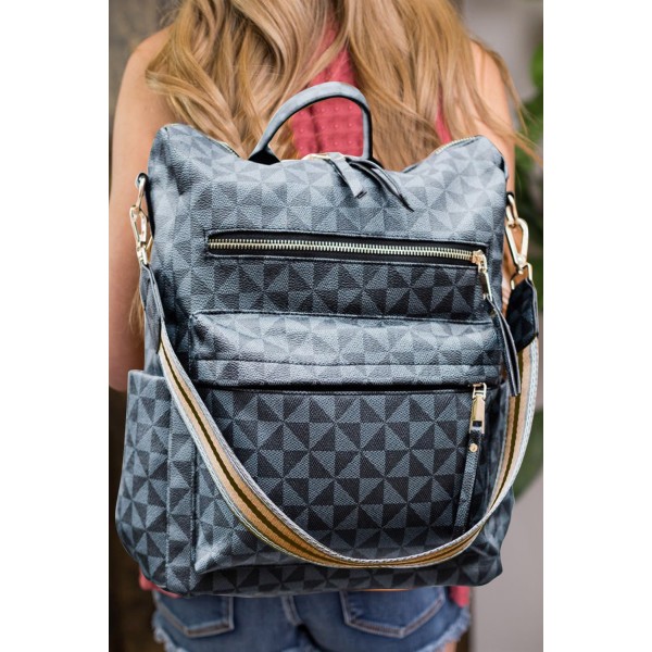 Blue Geometric Print Zipper Backpack