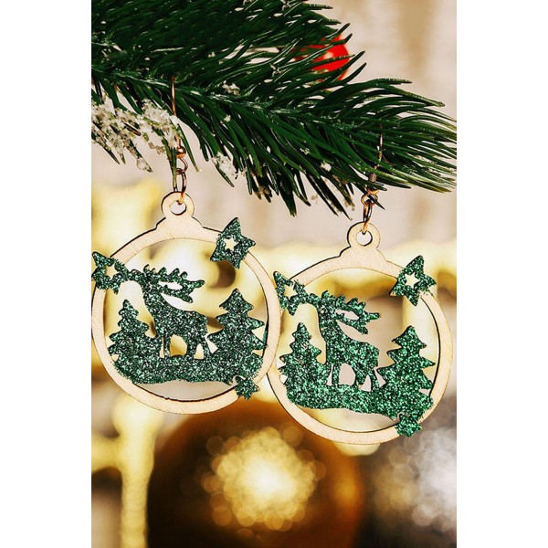 Green Christmas Tree Reindeer Star Sequined Wooded Earrings