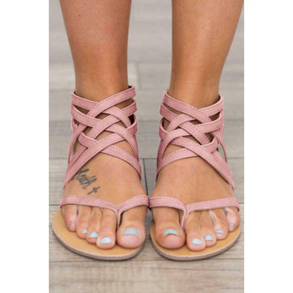 Pink Cross-Tied Zipper Flat Sandals