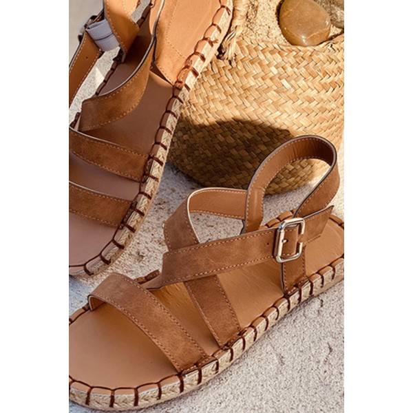 Brown Open Toe Crisscross Straps PU Flat Sandals