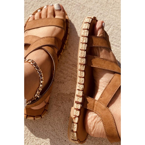 Brown Open Toe Crisscross Straps PU Flat Sandals