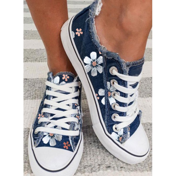 Navy Floral Print Lace-up Canvas Sneakers