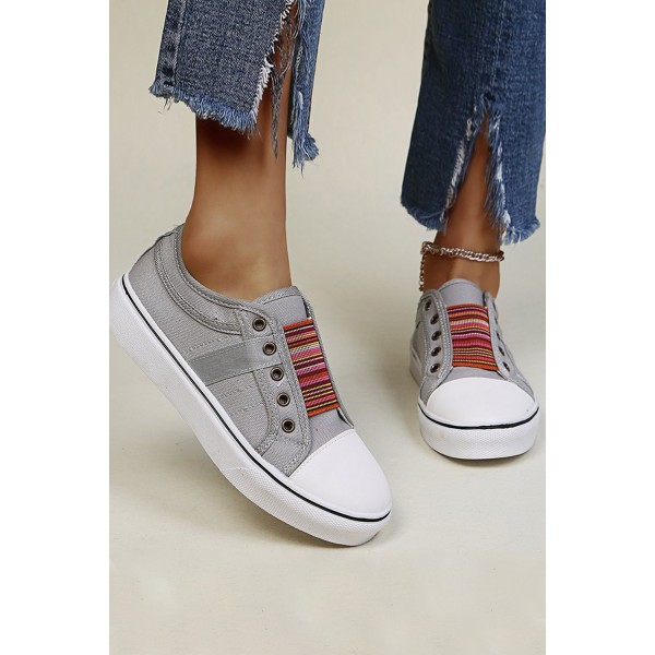Gray Striped Round Toe Slip-on Sneakers