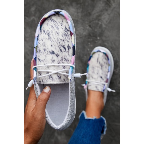 Light Grey Leopard Lace Up Round Toe Flat Sneaker