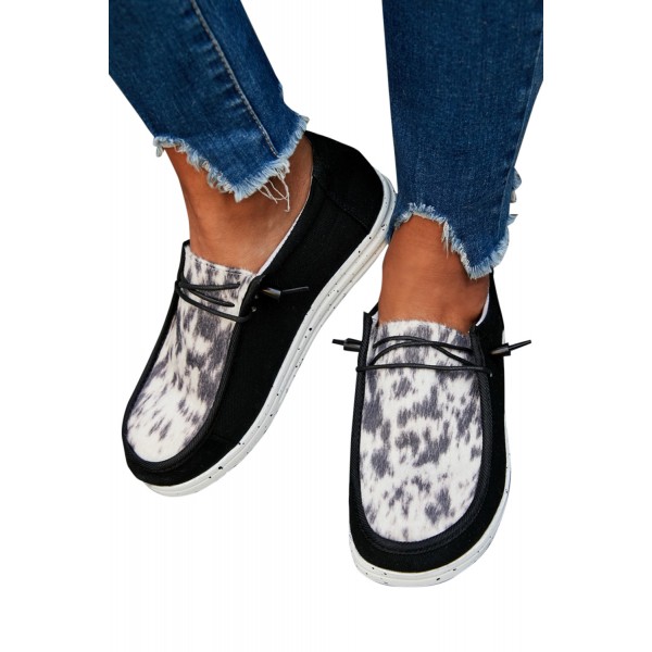 Black Leopard Lace Up Round Toe Flat Sneaker