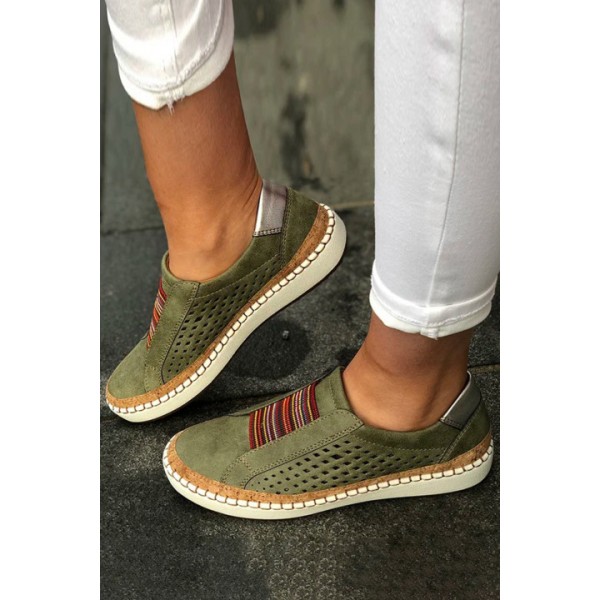 Green Hollow-Out Round Toe Flat Heel Casual Sneakers