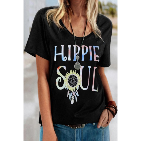 Ombre Tie-dye HIPPIE SOUL Sunflower Feather Print T-shirt
