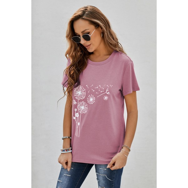 Pink Crew Neck Dandelion Print T-shirt