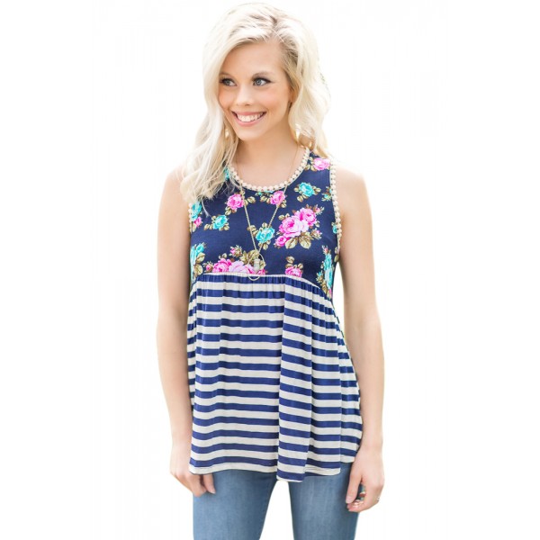 Navy Stripes and Floral Womens Tank